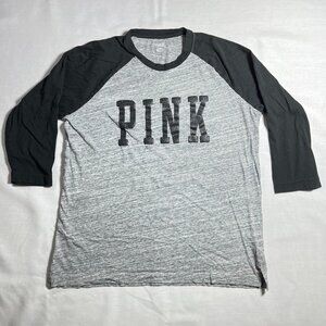 Victoria's Secret PINK Campus Baseball Glitter Tee 3/4 Sleeve Gray/Black Large
